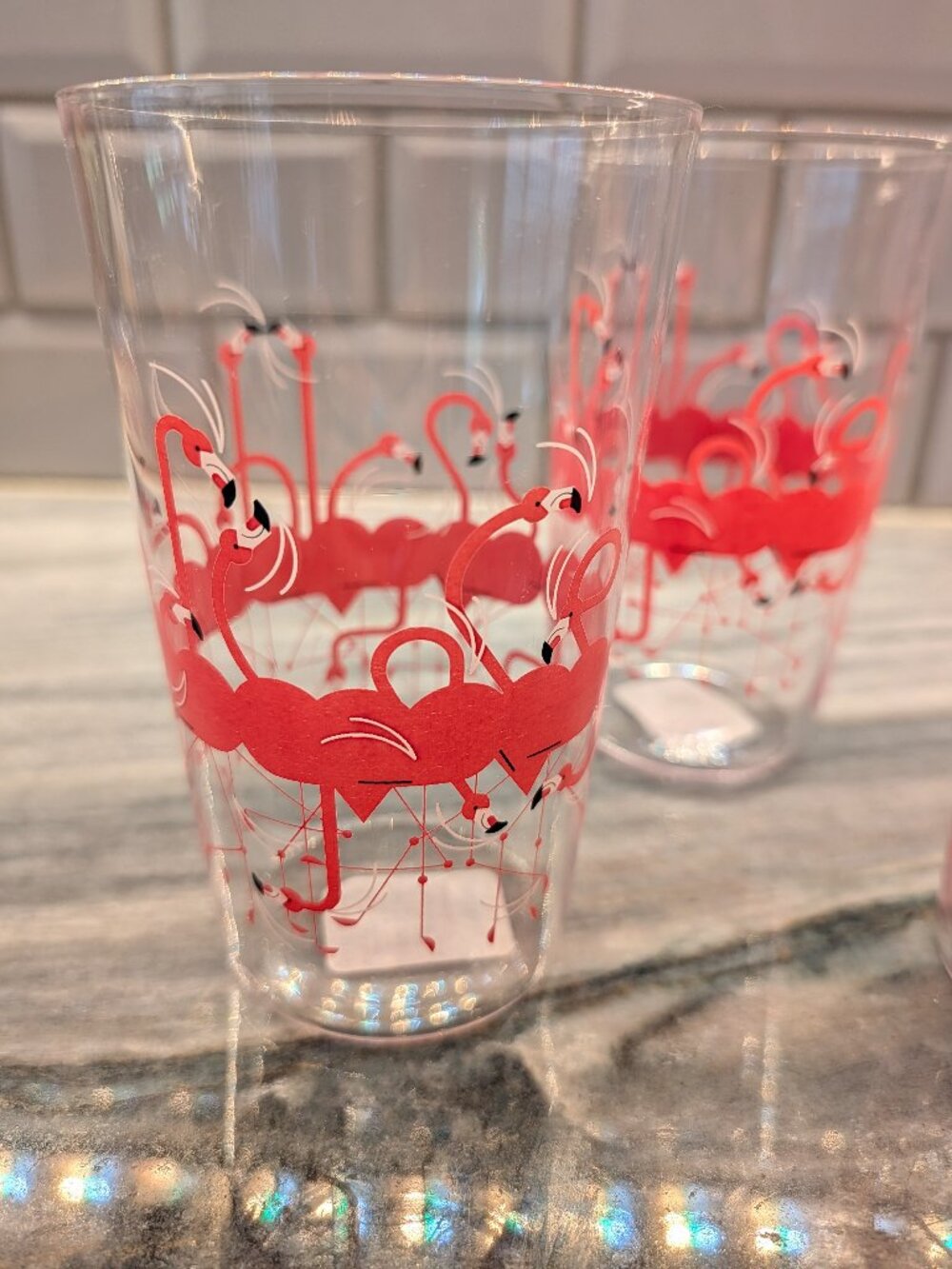 NEW Set of 4 Fishs Eddy Charley Harper Flamingo Tumbler Glasses West Elm MCM RAR
